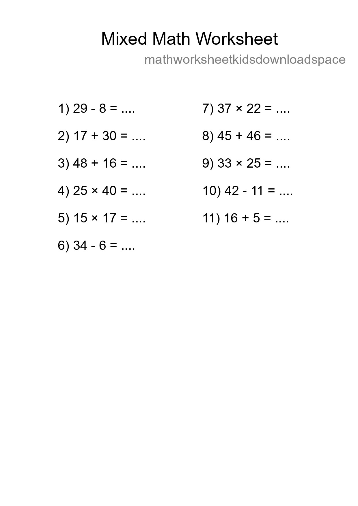 Mixed Operations Math Worksheet