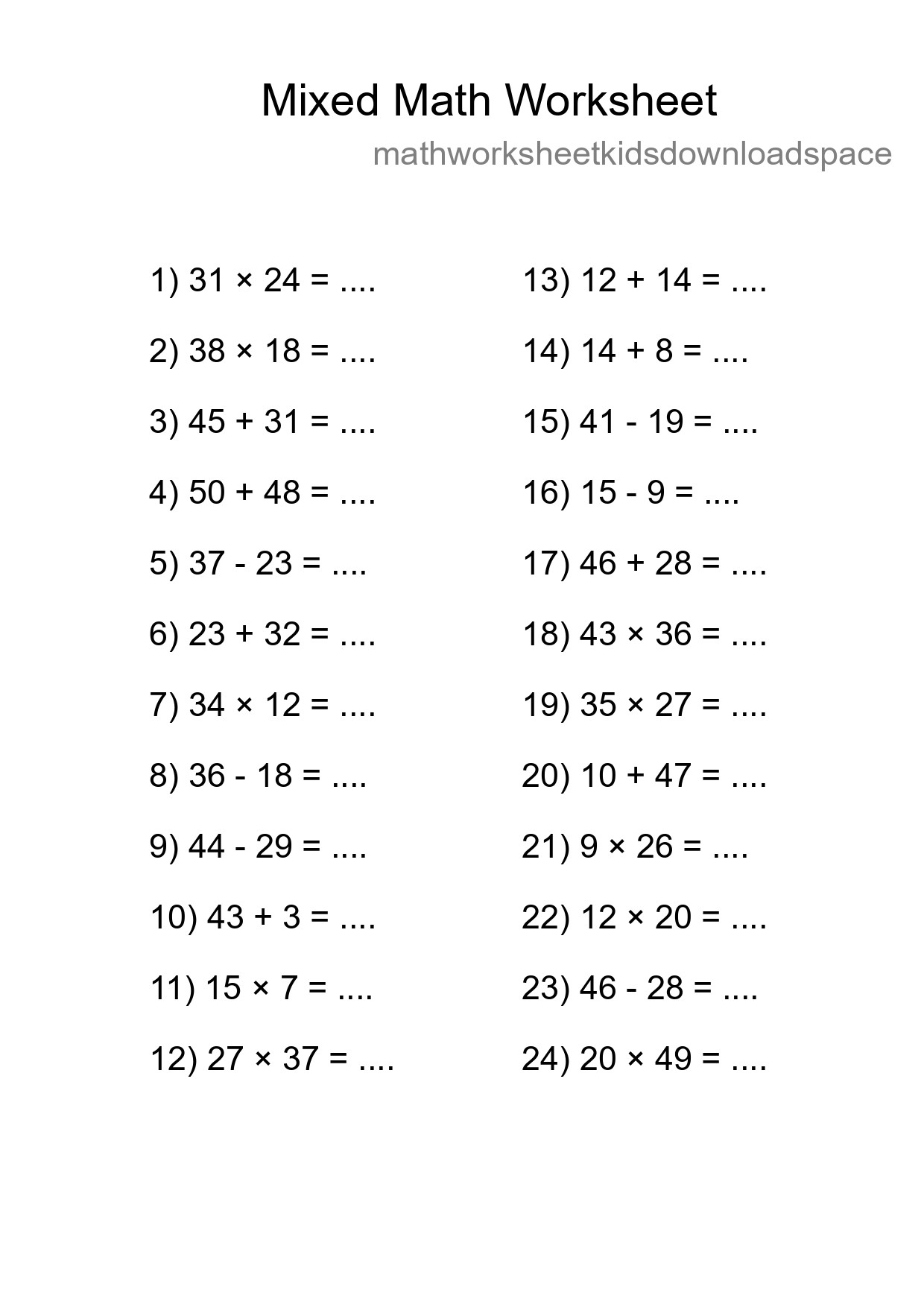 Mixed Operations Math Worksheet