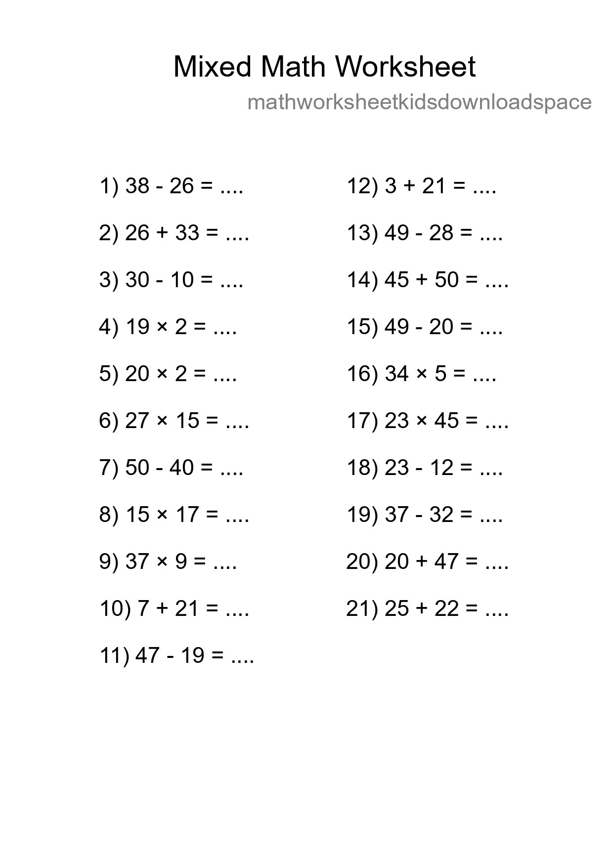 Mixed Operations Math Worksheet