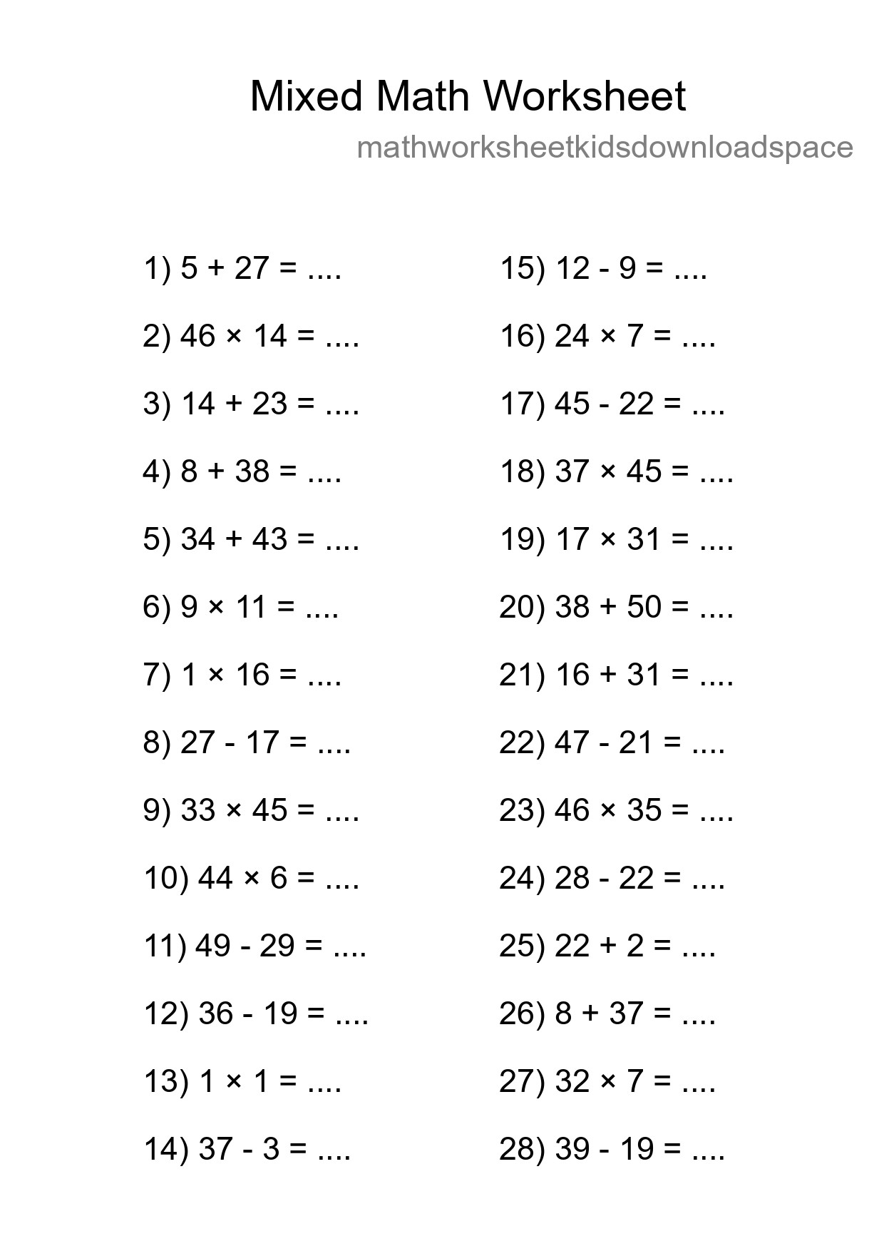 Mixed Operations Math Worksheet