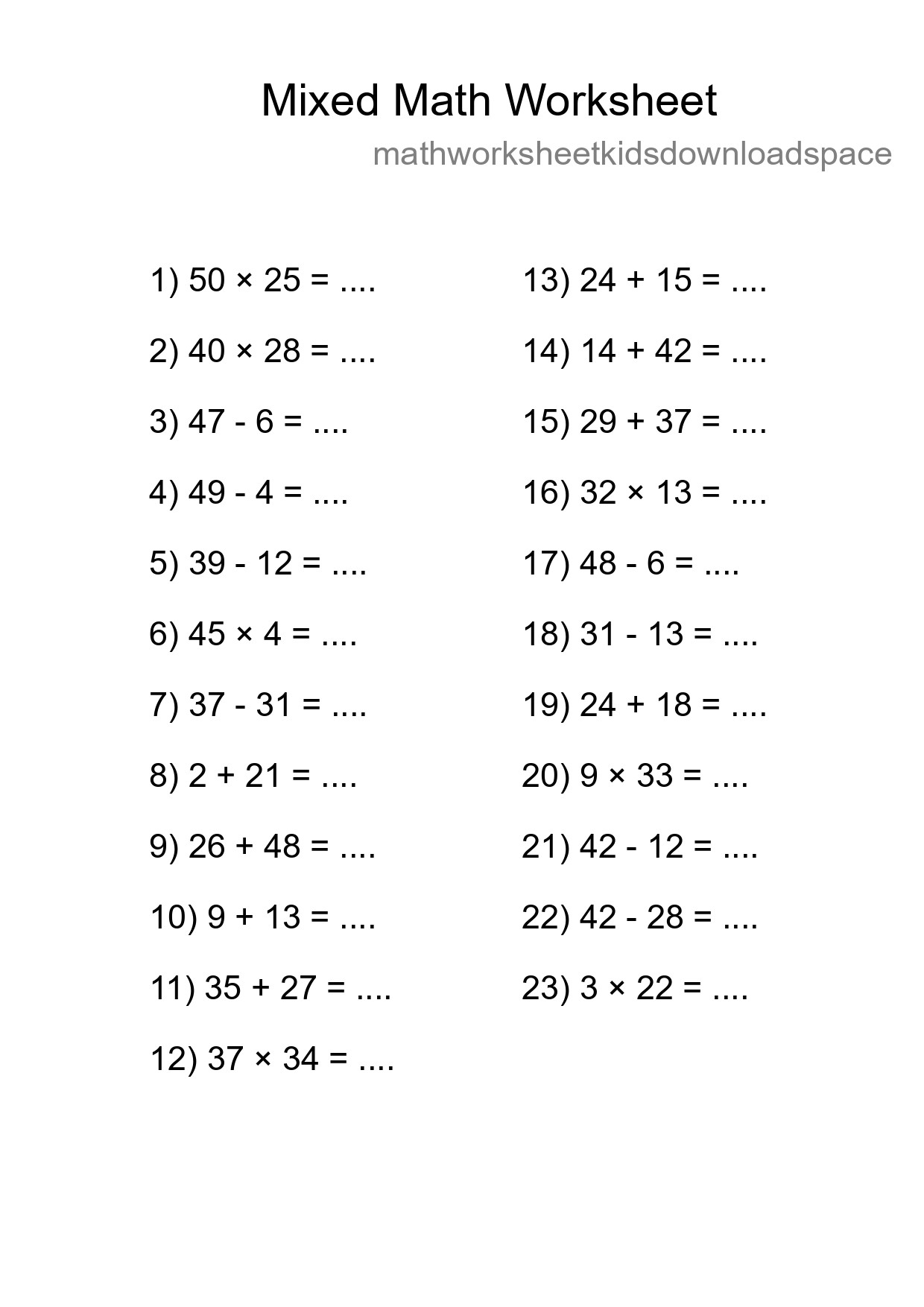 Mixed Operations Math Worksheet