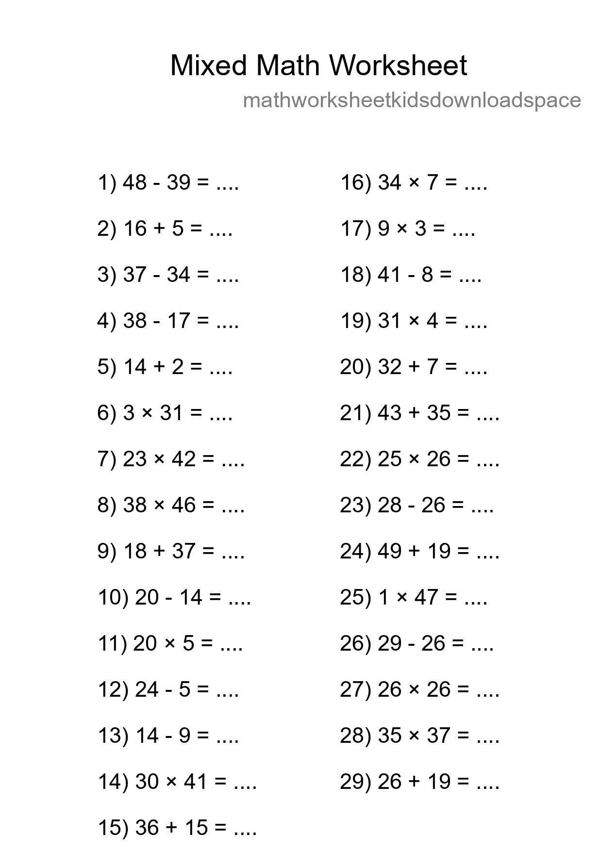 Mixed Operations Math Worksheet