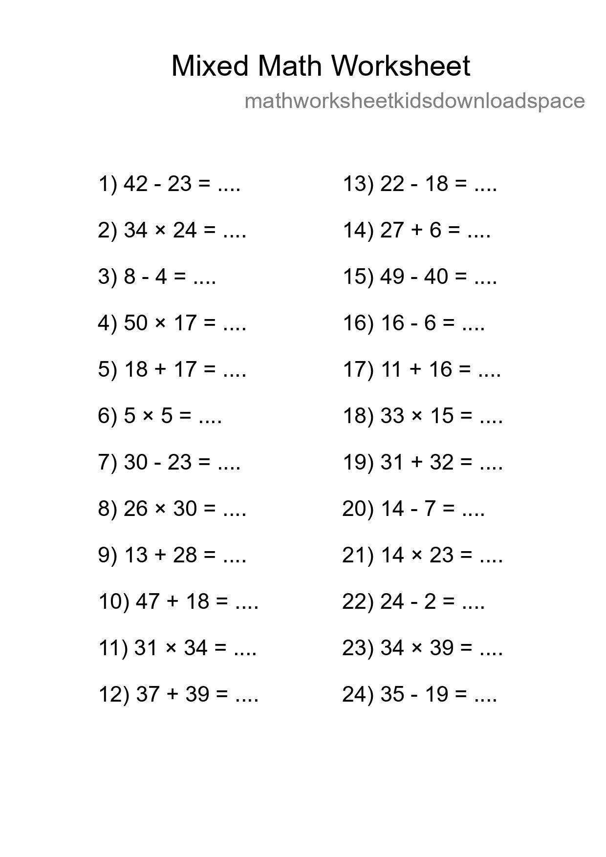 Mixed Operations Math Worksheet