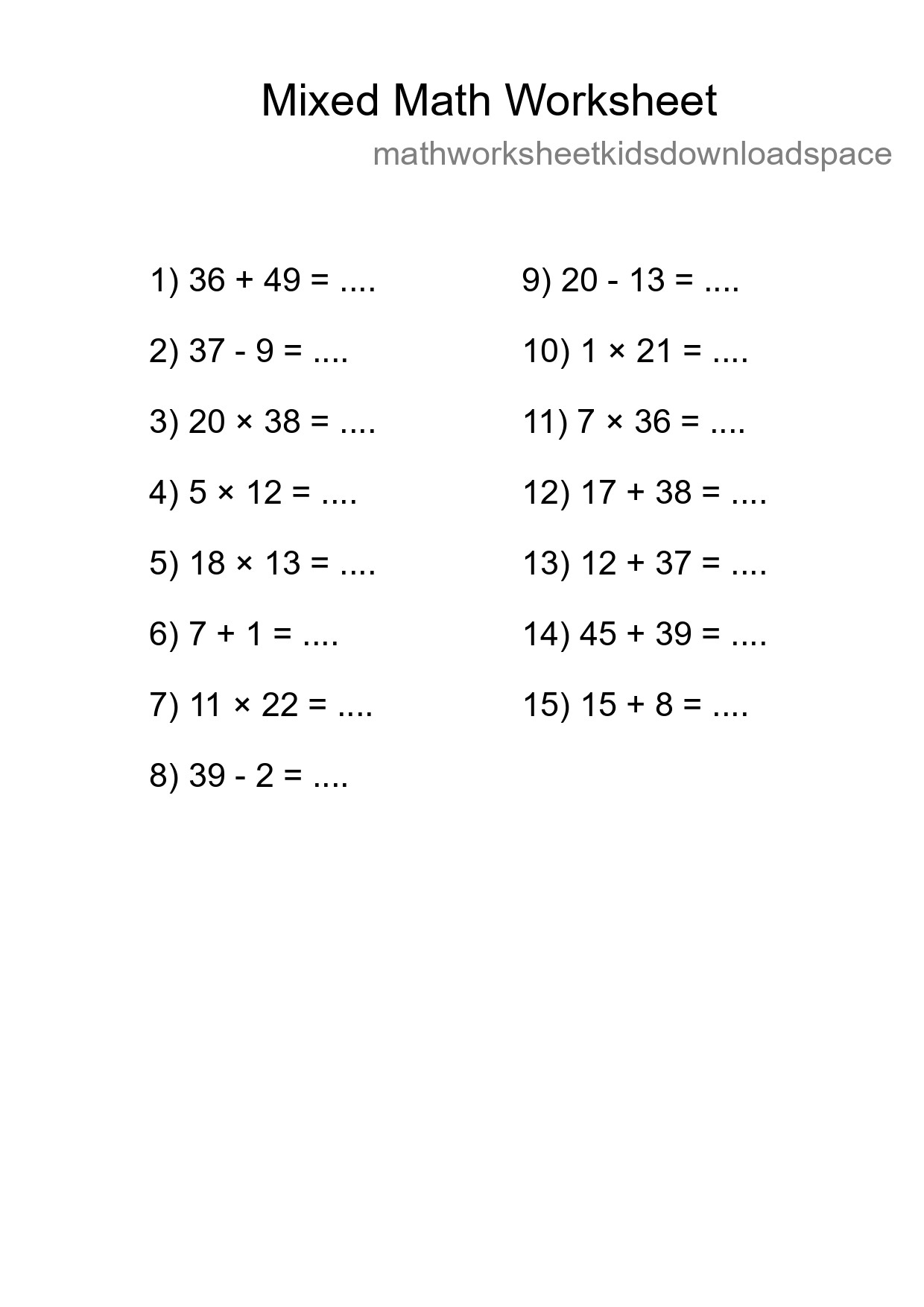 Mixed Operations Math Worksheet