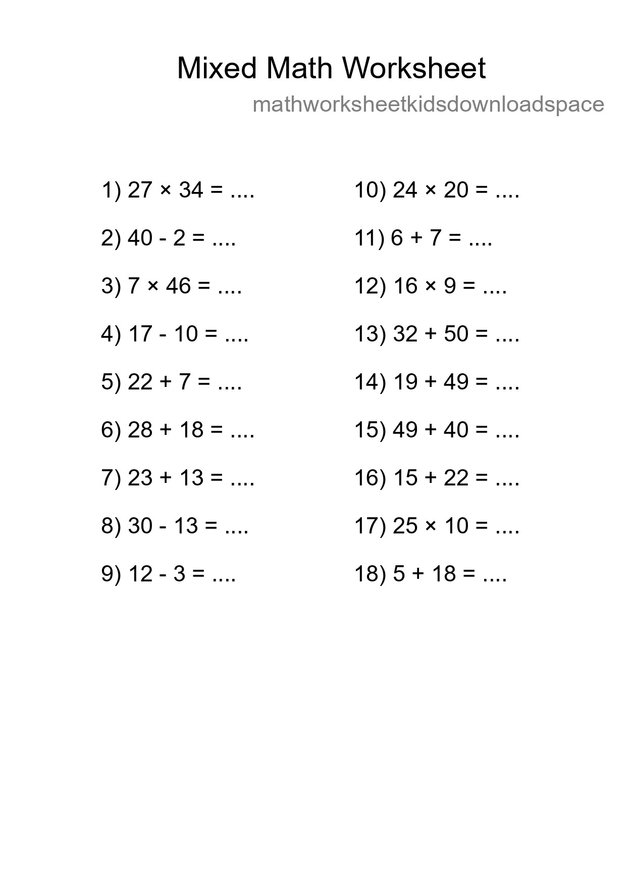 Mixed Operations Math Worksheet