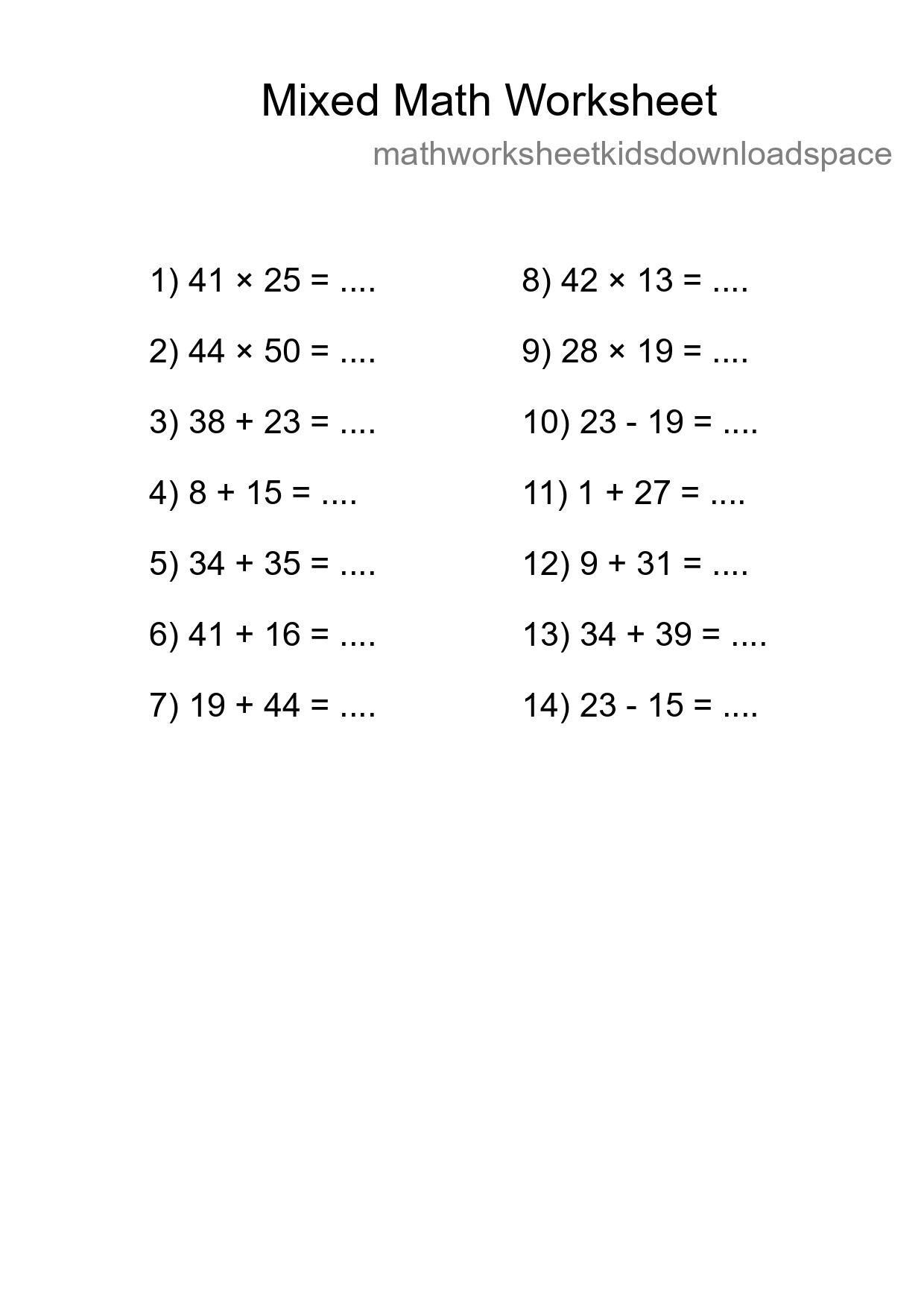 Mixed Operations Math Worksheet