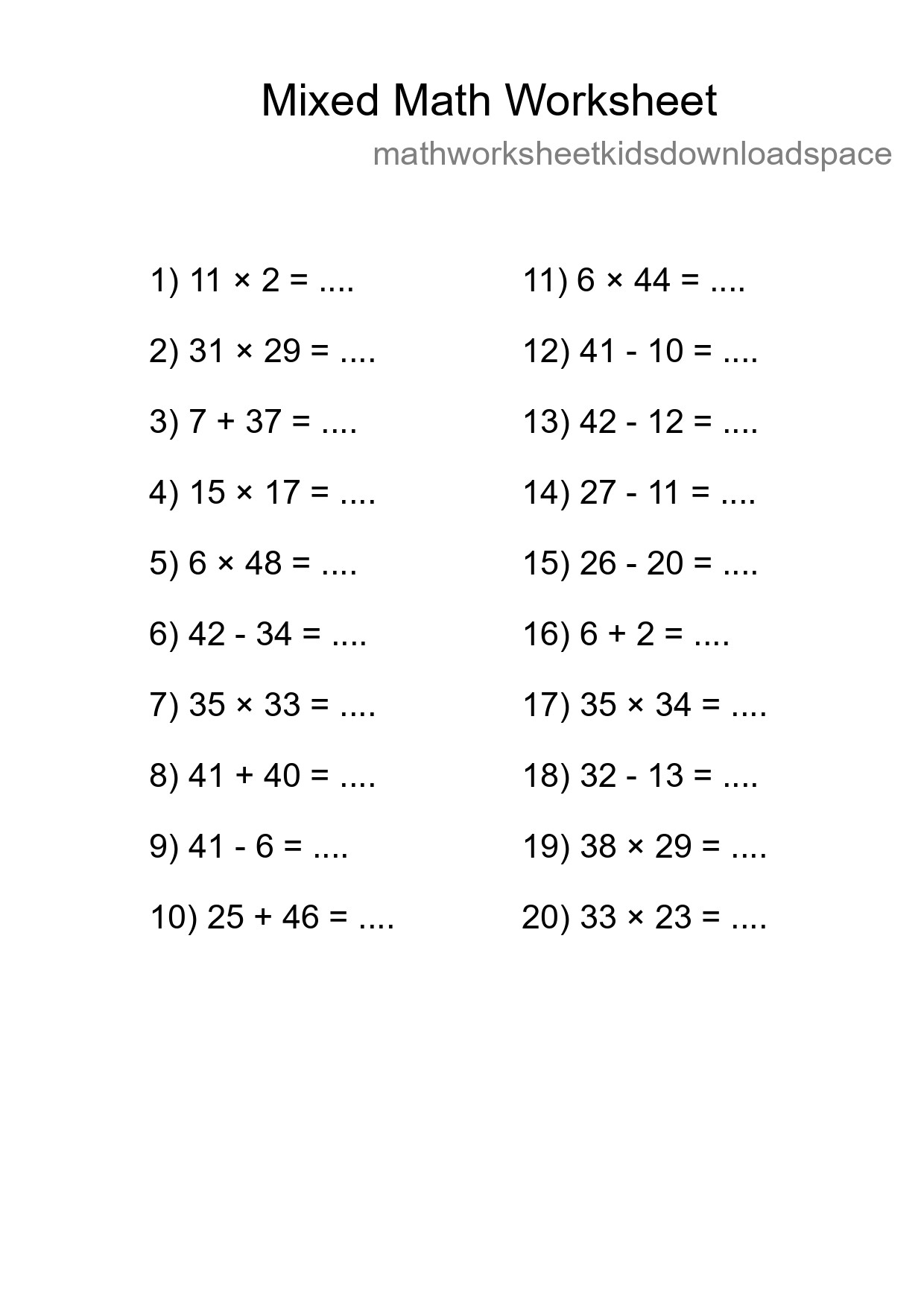 Mixed Operations Math Worksheet