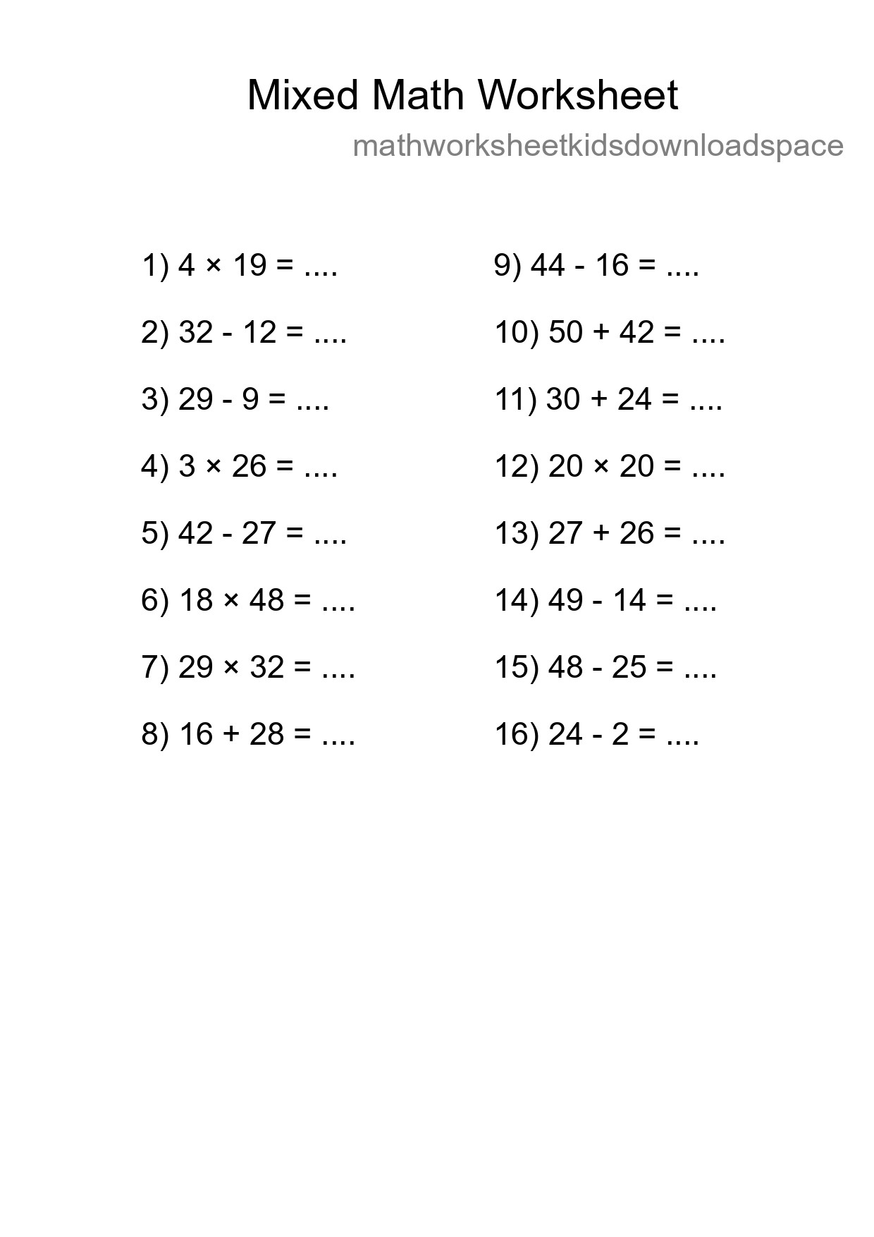 Mixed Operations Math Worksheet