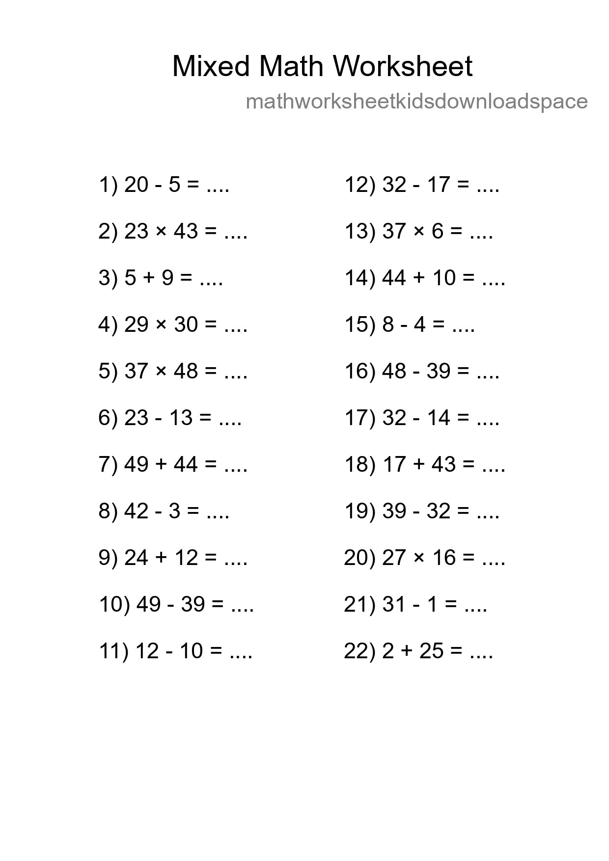 Mixed Operations Math Worksheet