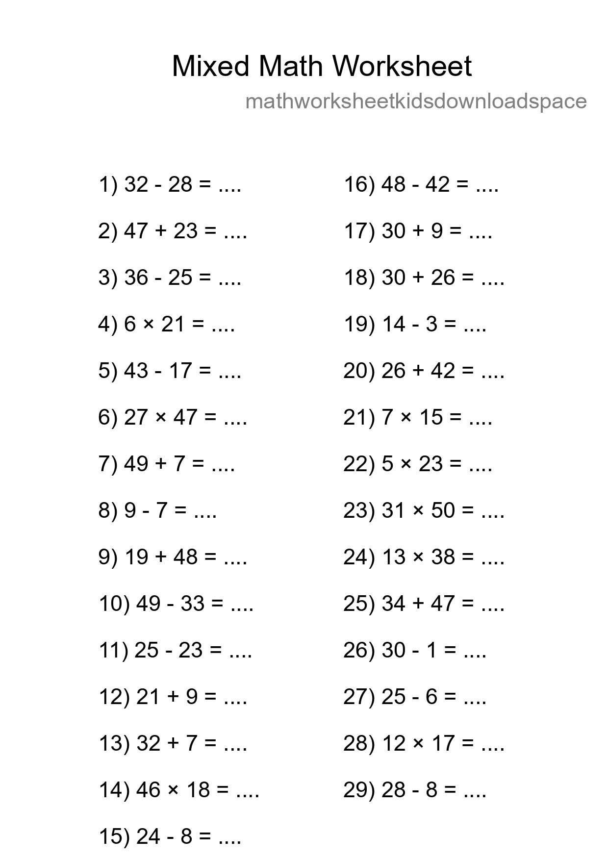 Mixed Operations Math Worksheet