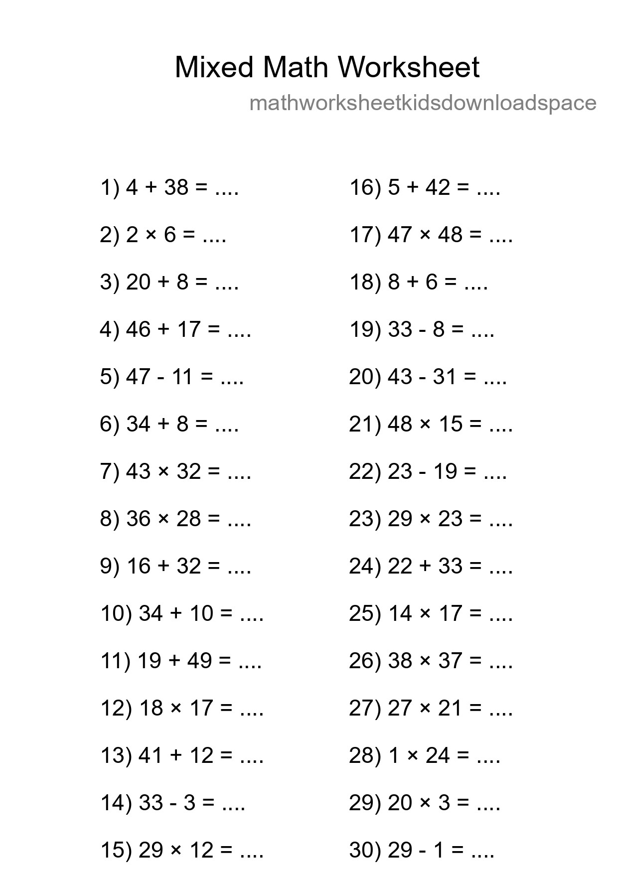 Mixed Operations Math Worksheet