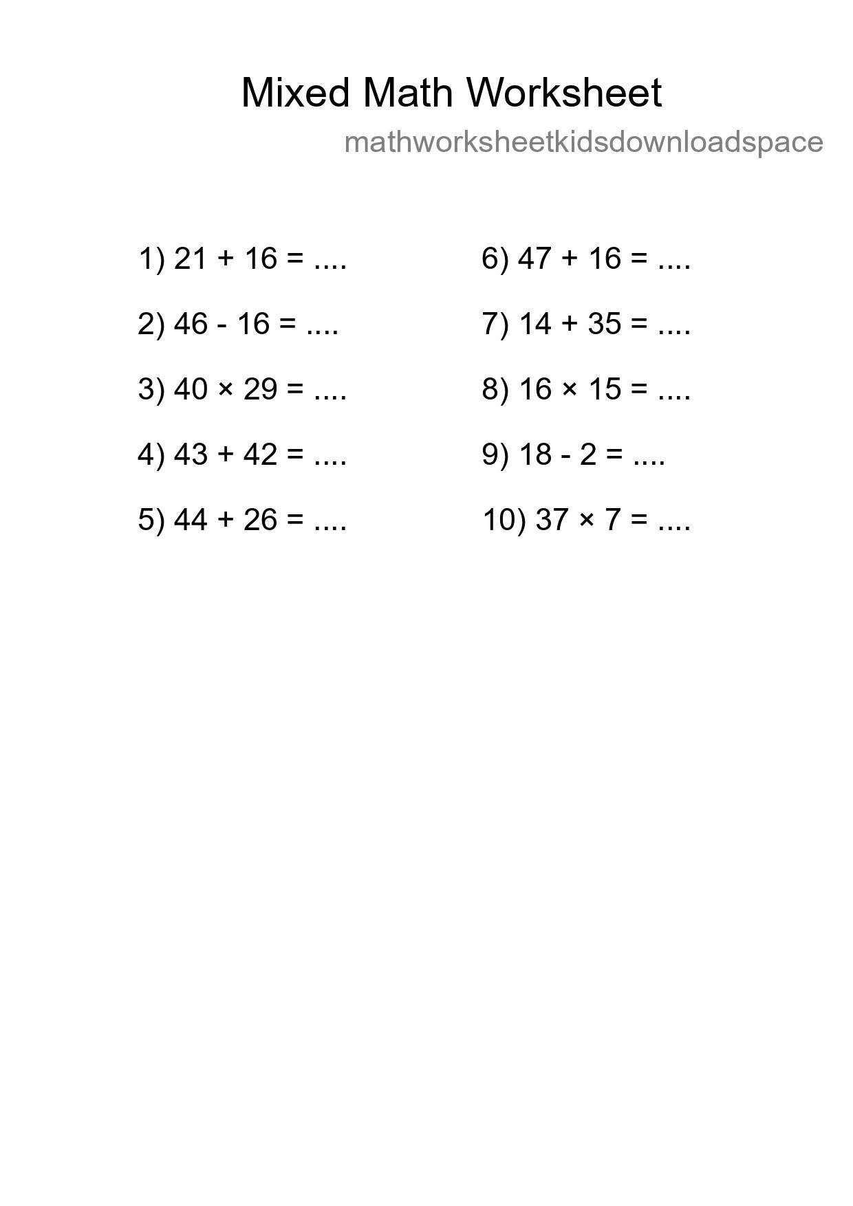 Mixed Operations Math Worksheet