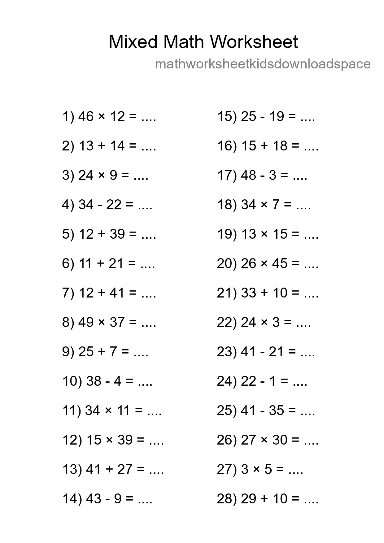 Mixed Operations Math Worksheet