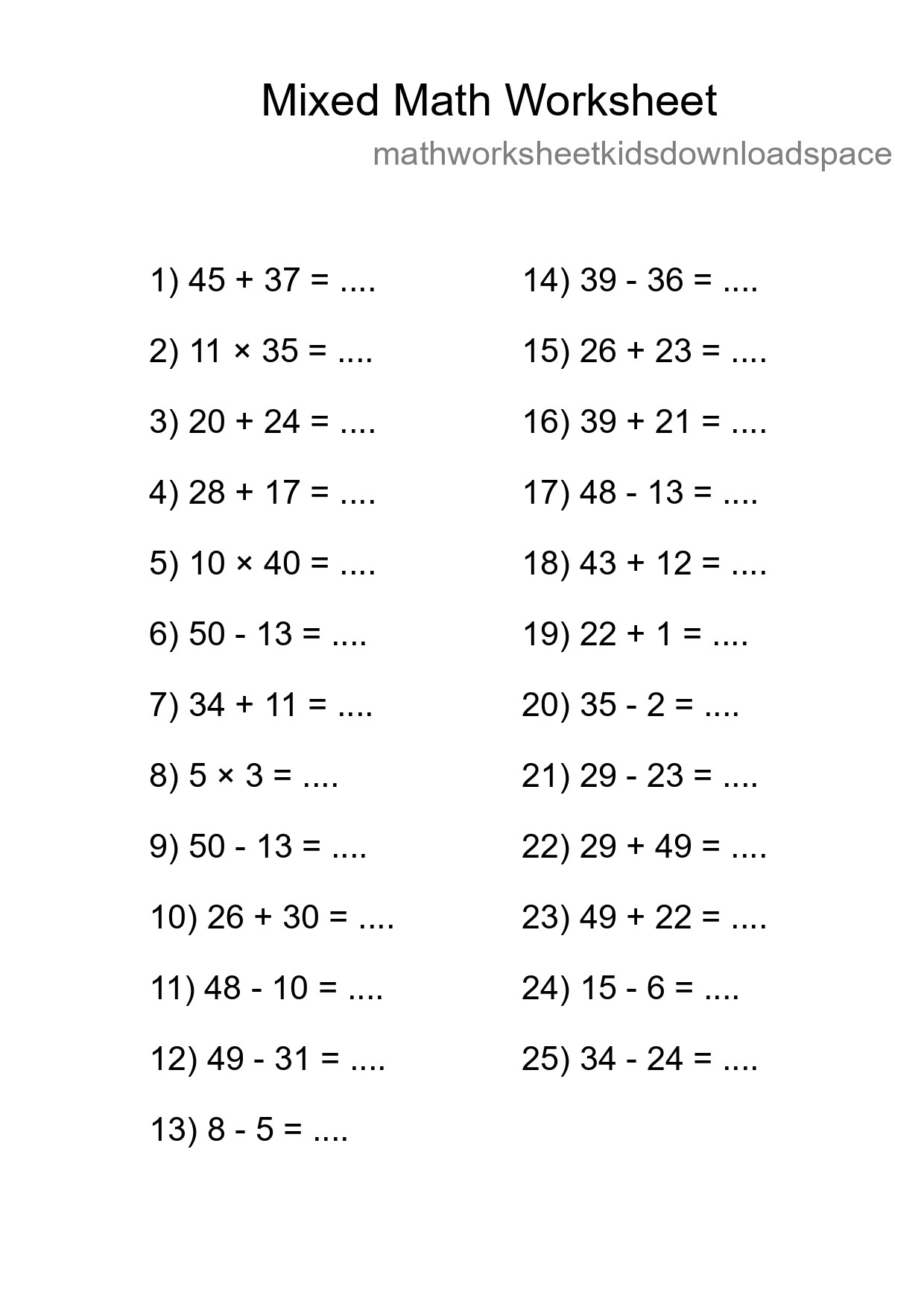 Mixed Operations Math Worksheet