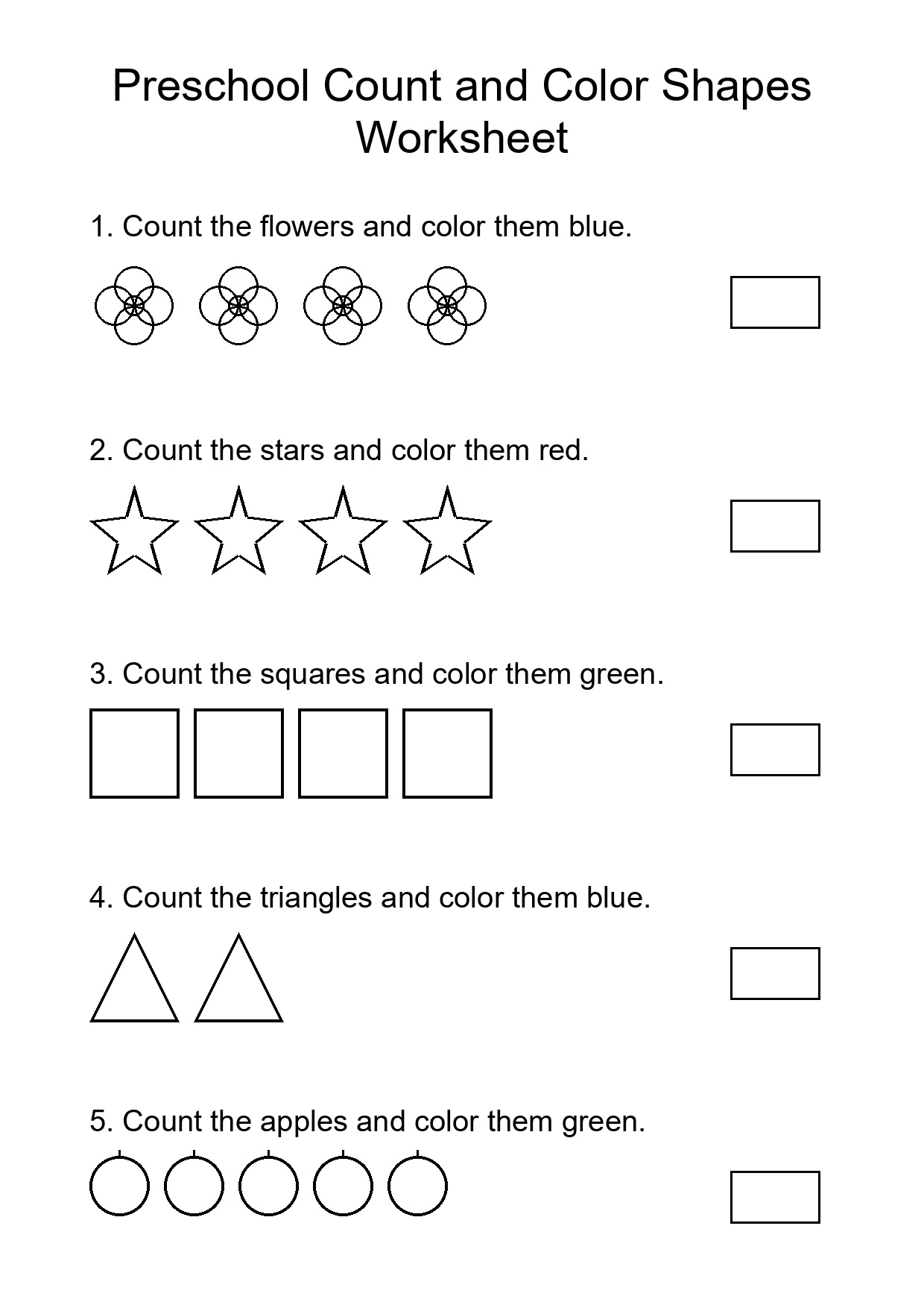 Preschool Count and Color Shapes Worksheet