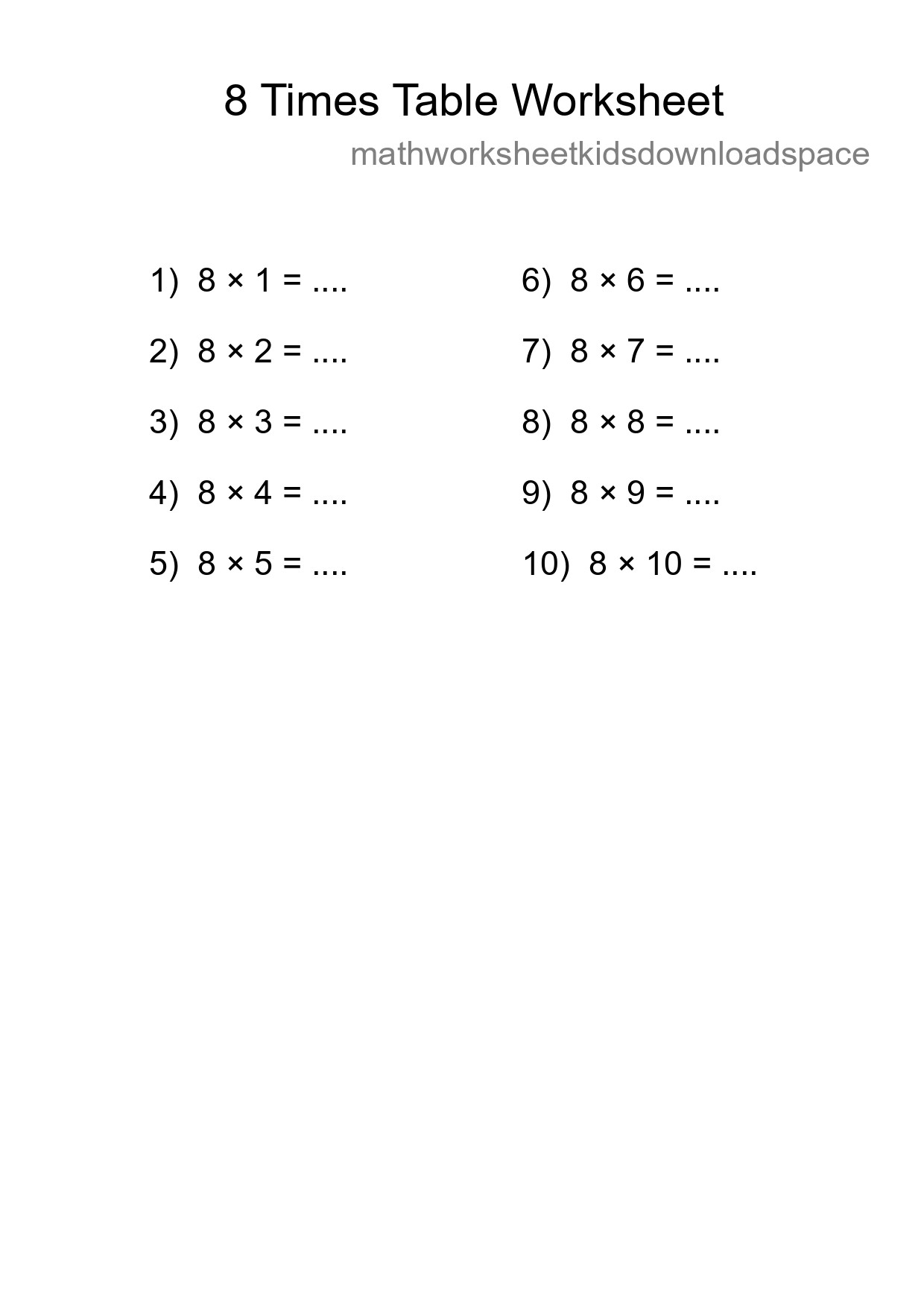 Printable 8 Times Table Worksheet For Grade 3 - Part 229