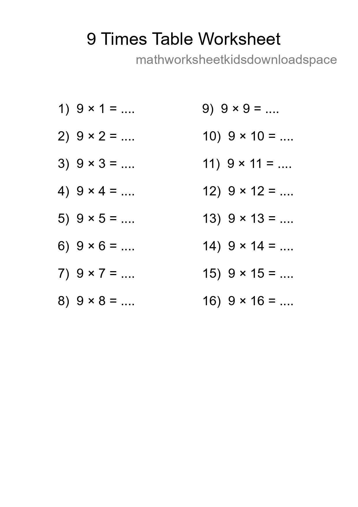 Printable 9 Times Table Worksheet For Grade 3 - Part 174