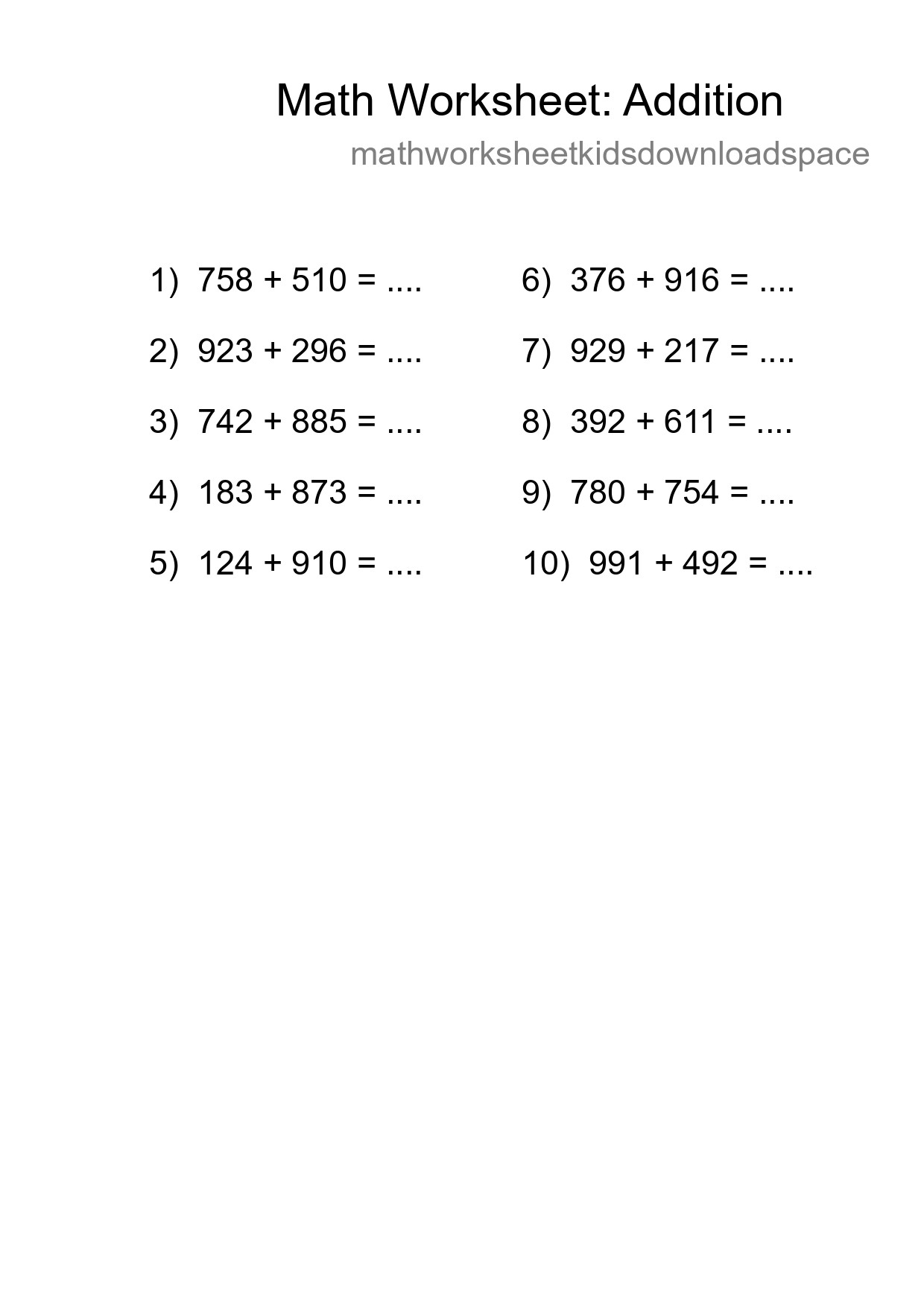 Printable Free 10 Addition Math Worksheet For Grade 5 - Part 221