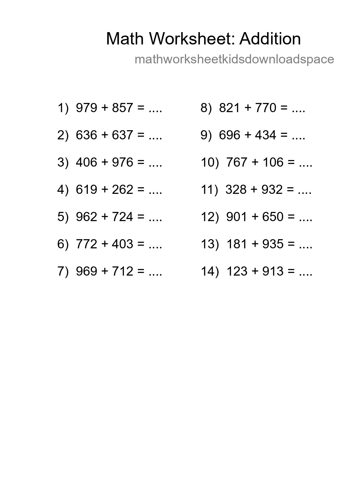 Printable Free 14 Addition Math Worksheet For Grade 5 - Part 111