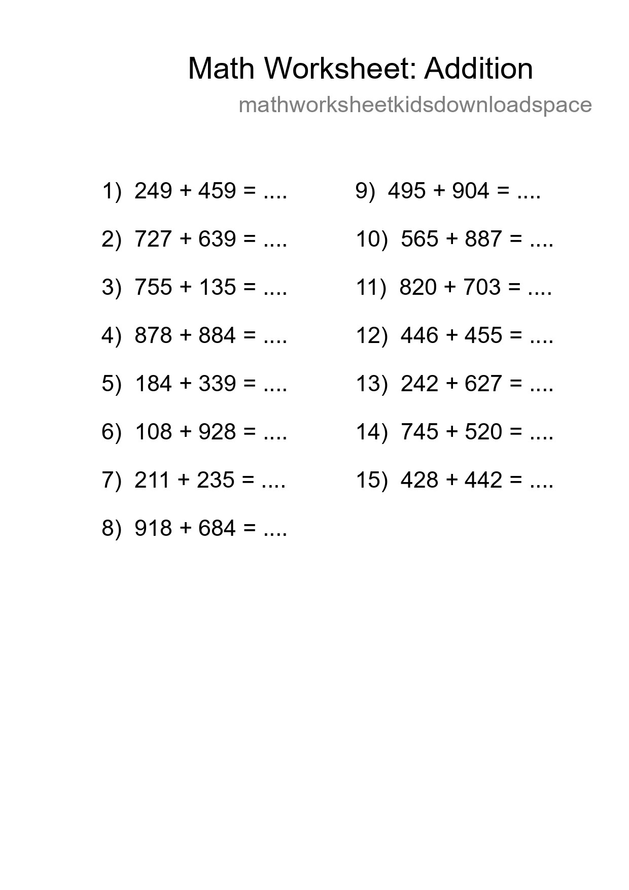 Printable Free 15 Addition Math Worksheet For Grade 5 - Part 100