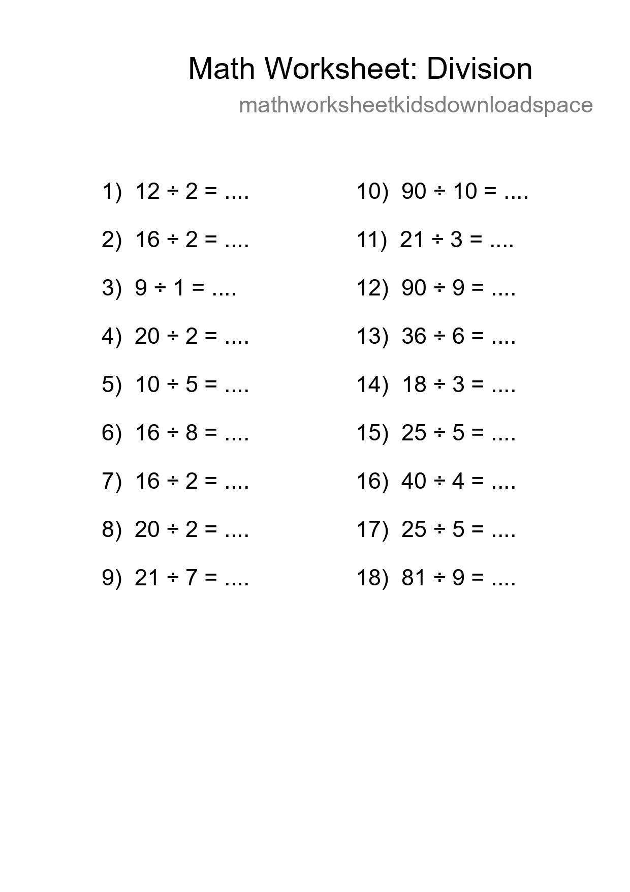 Printable Free 18 Division Math Worksheet For Grade 1 - Part 59
