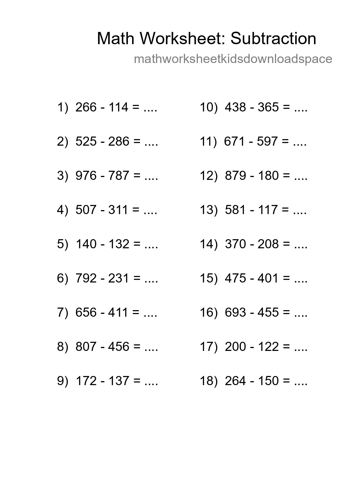 Printable Free 18 Subtraction Math Worksheet For Grade 5 - Part 217