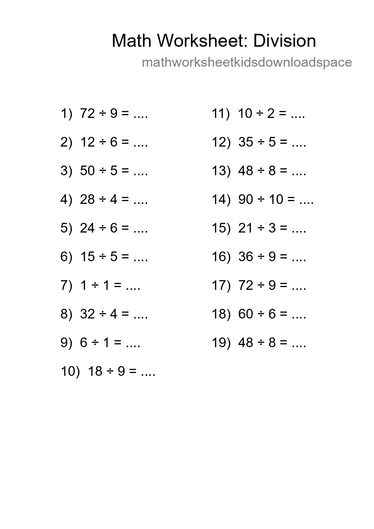 Printable Free 19 Division Math Worksheet For Grade 1 - Part 147