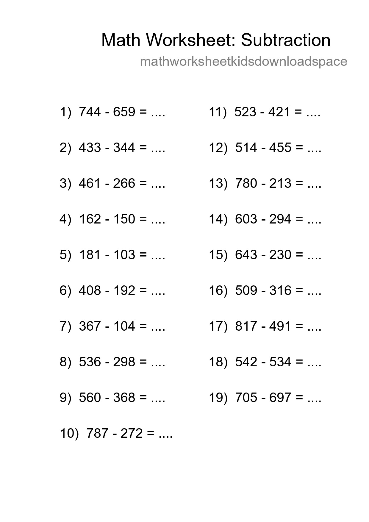 Printable Free 19 Subtraction Math Worksheet For Grade 5 - Part 162
