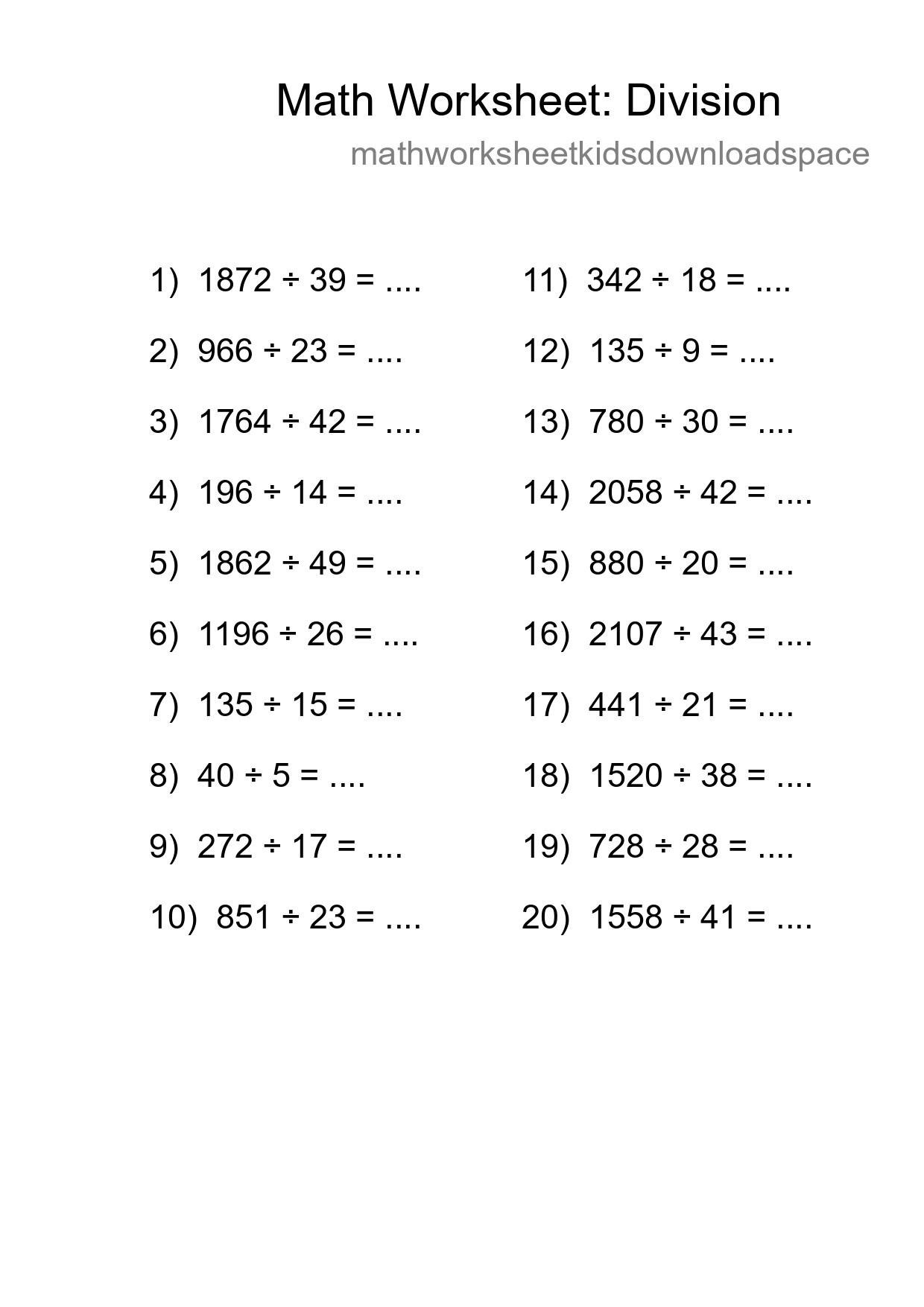 Printable Free 20 Division Math Worksheet For Grade 2 - Part 224