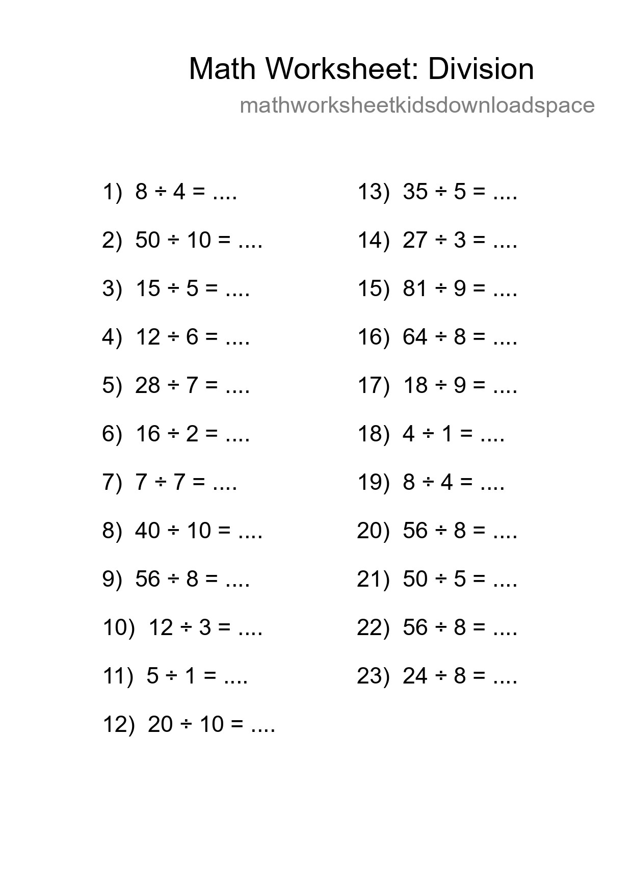 Printable Free 23 Division Math Worksheet For Grade 1 - Part 158