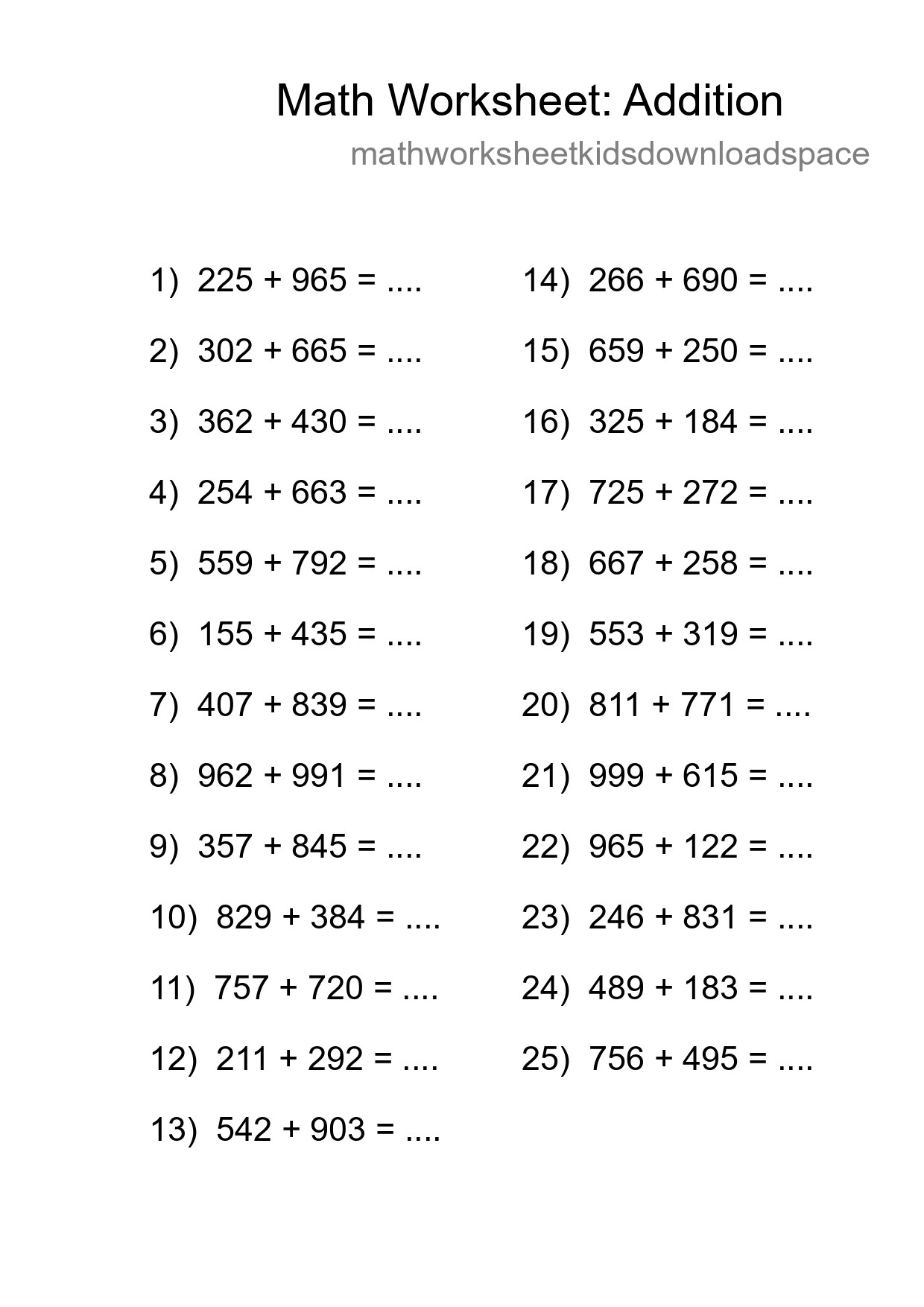 Printable Free 25 Addition Math Worksheet For Grade 5 - Part 188
