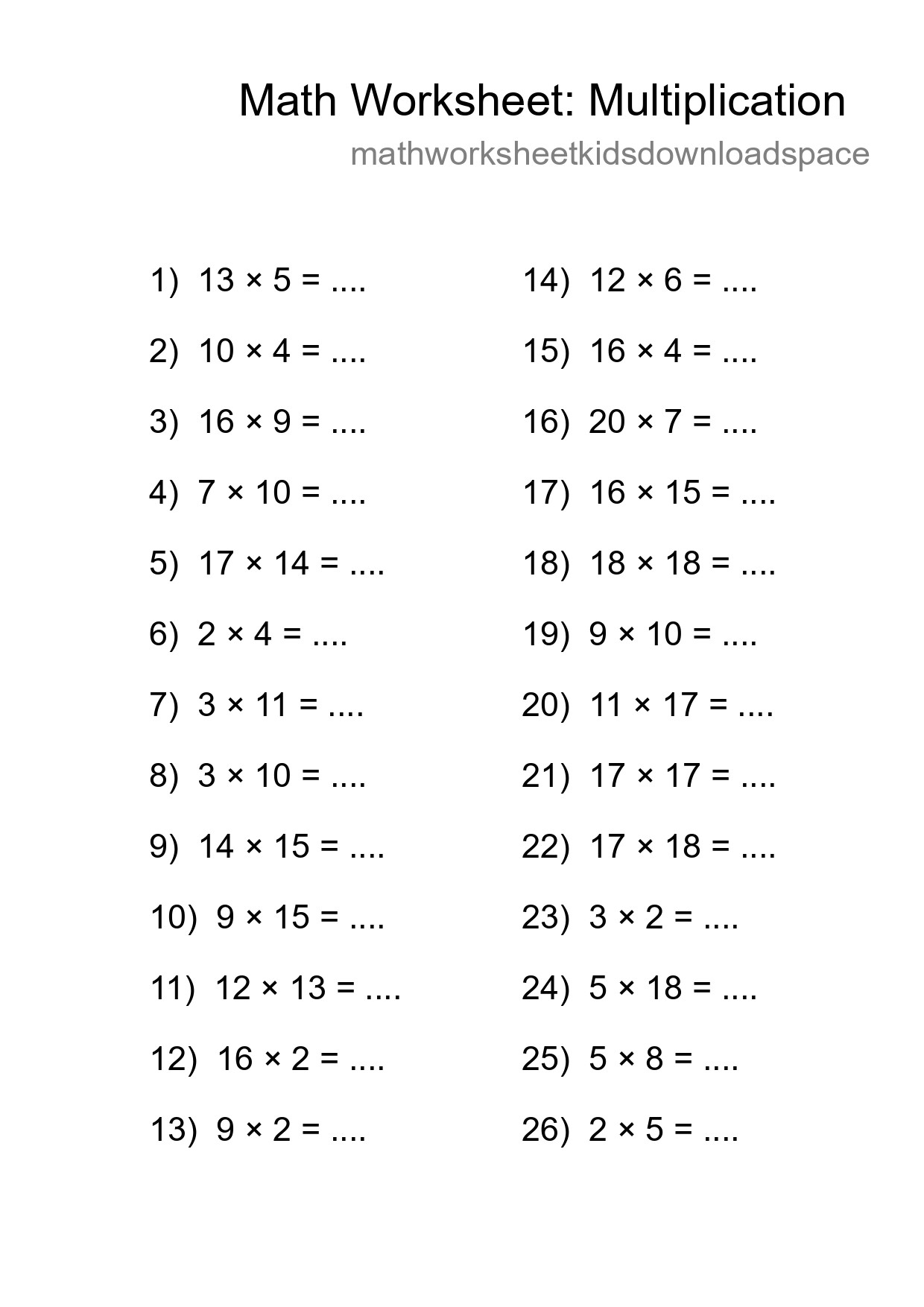 Printable Free 26 Multiplication Math Worksheet For Grade 2 - Part 172